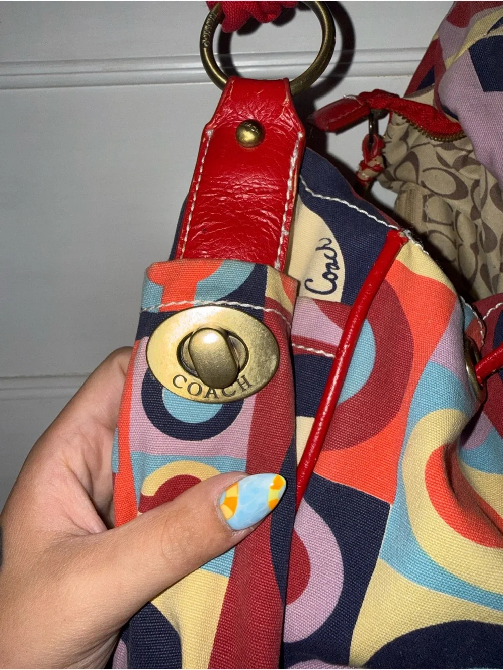 Coach Multicolor Pattern Shoulder Bag with Red Leather Trim